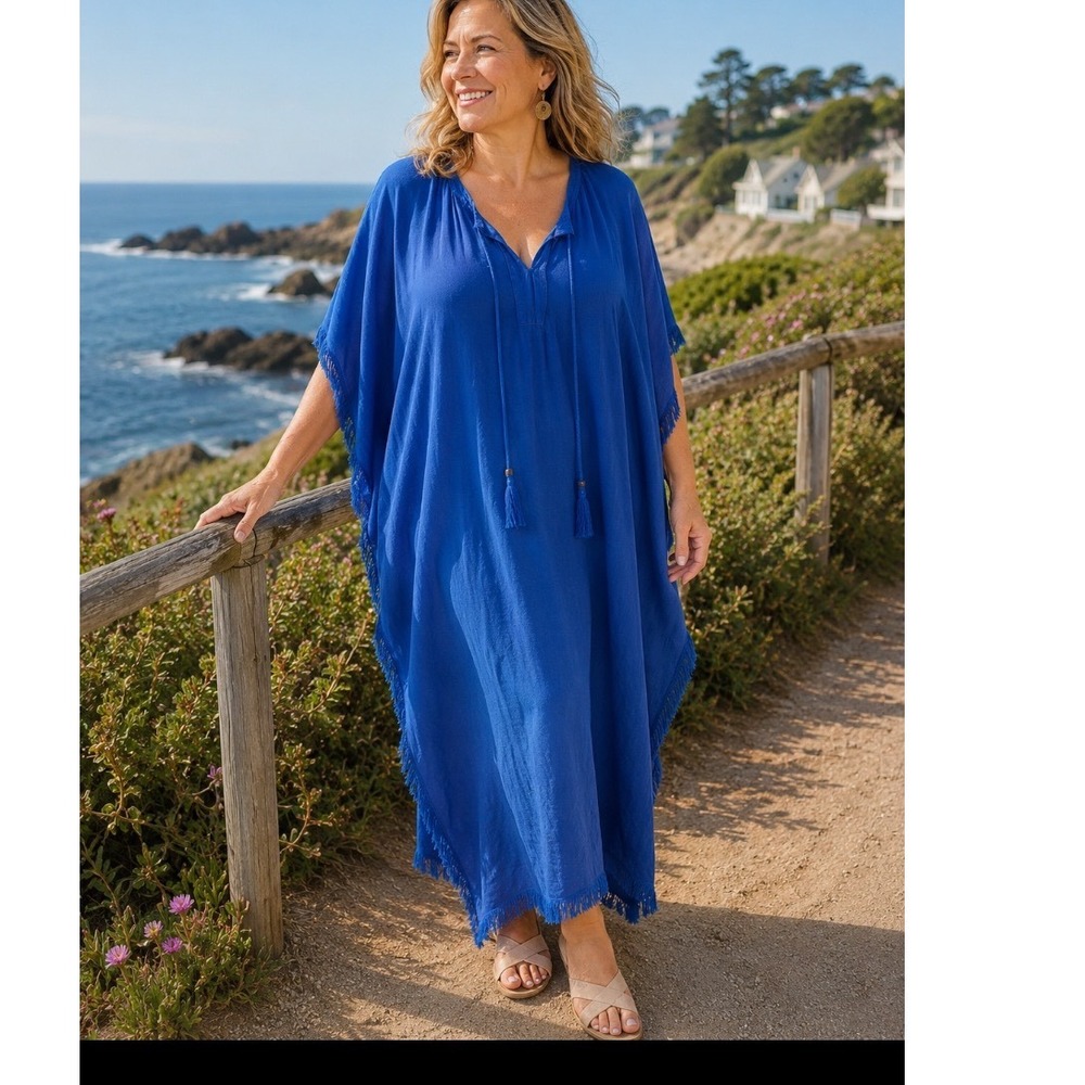Camille & Co Blue Kaftan Maxi Dress Tassel Fringe Oversized Resort XL